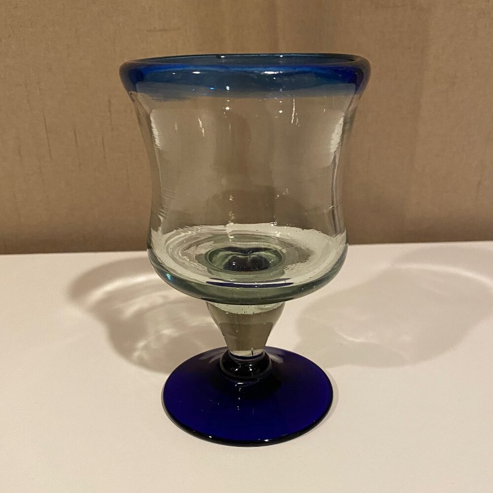 Hand Blown Glass‎ Goblet with Blue Rim – Unique 5” Art Glass